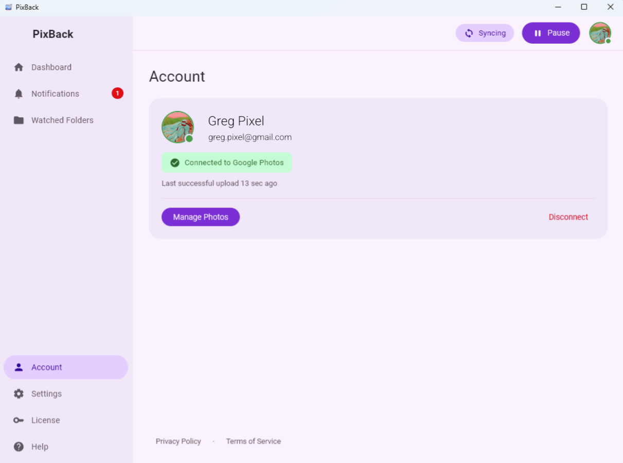 Connecting a Google account in PixBack