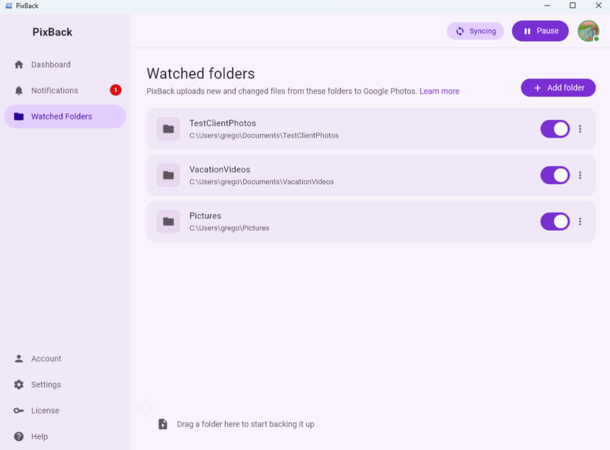 Selecting folders to back up in PixBack