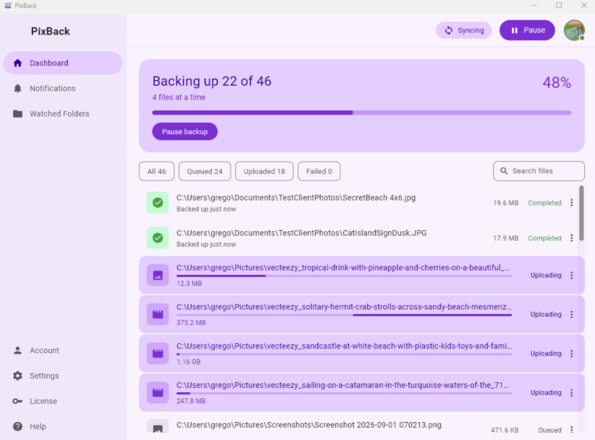 PixBack showing live upload progress